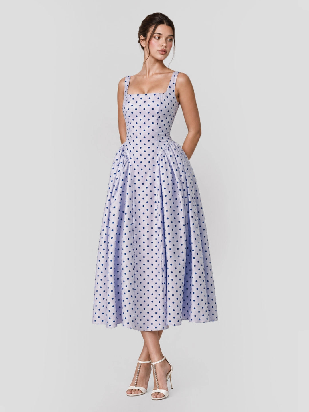 Flocking Polka Dot Lace-Up Corset Midi Dress