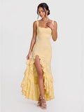 Floral-Lace Tiered Maxi with High-Slit Waterfall Hem