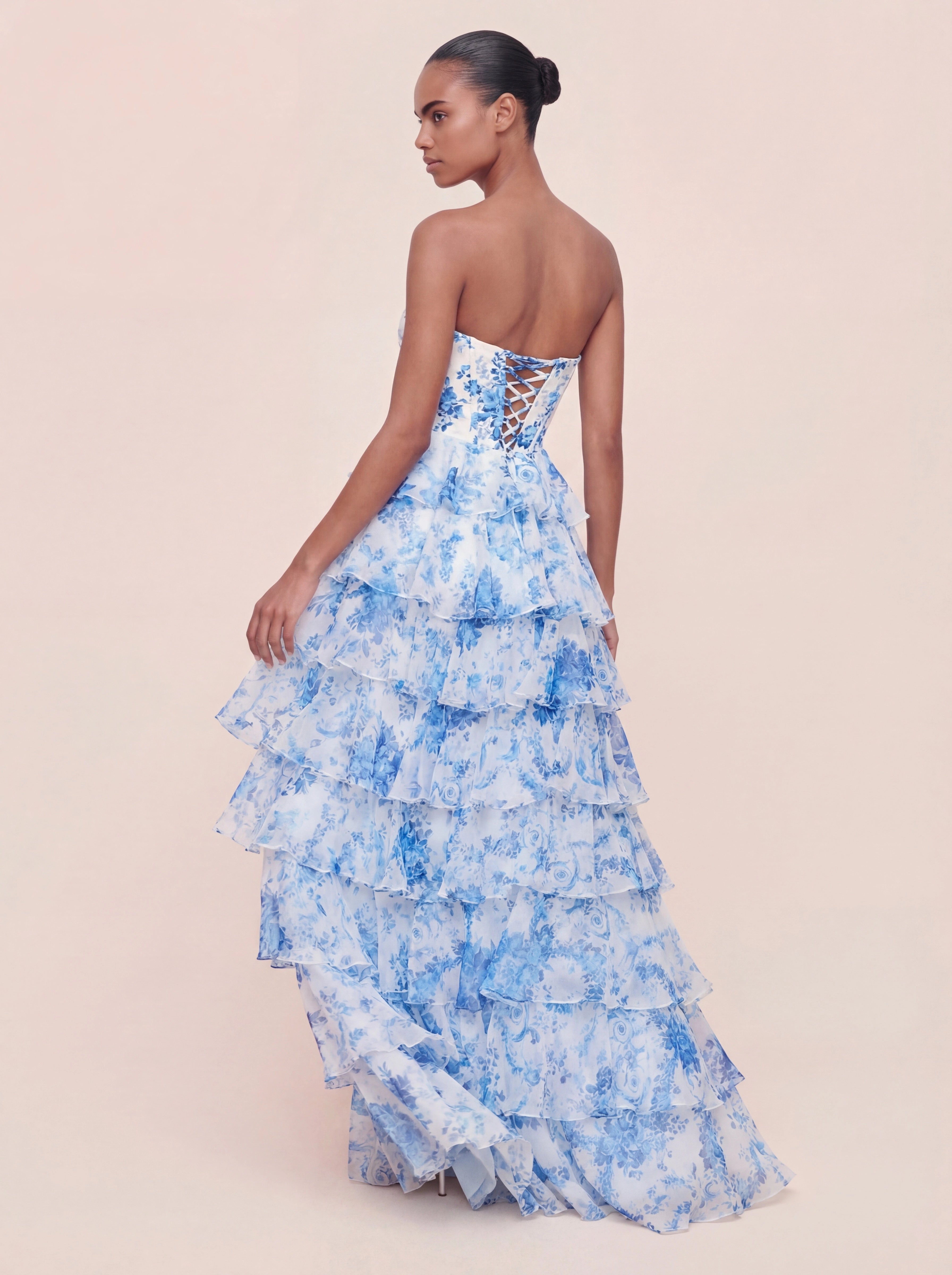 Floral A-line Printed Prom Dress with Tiered Ruffles