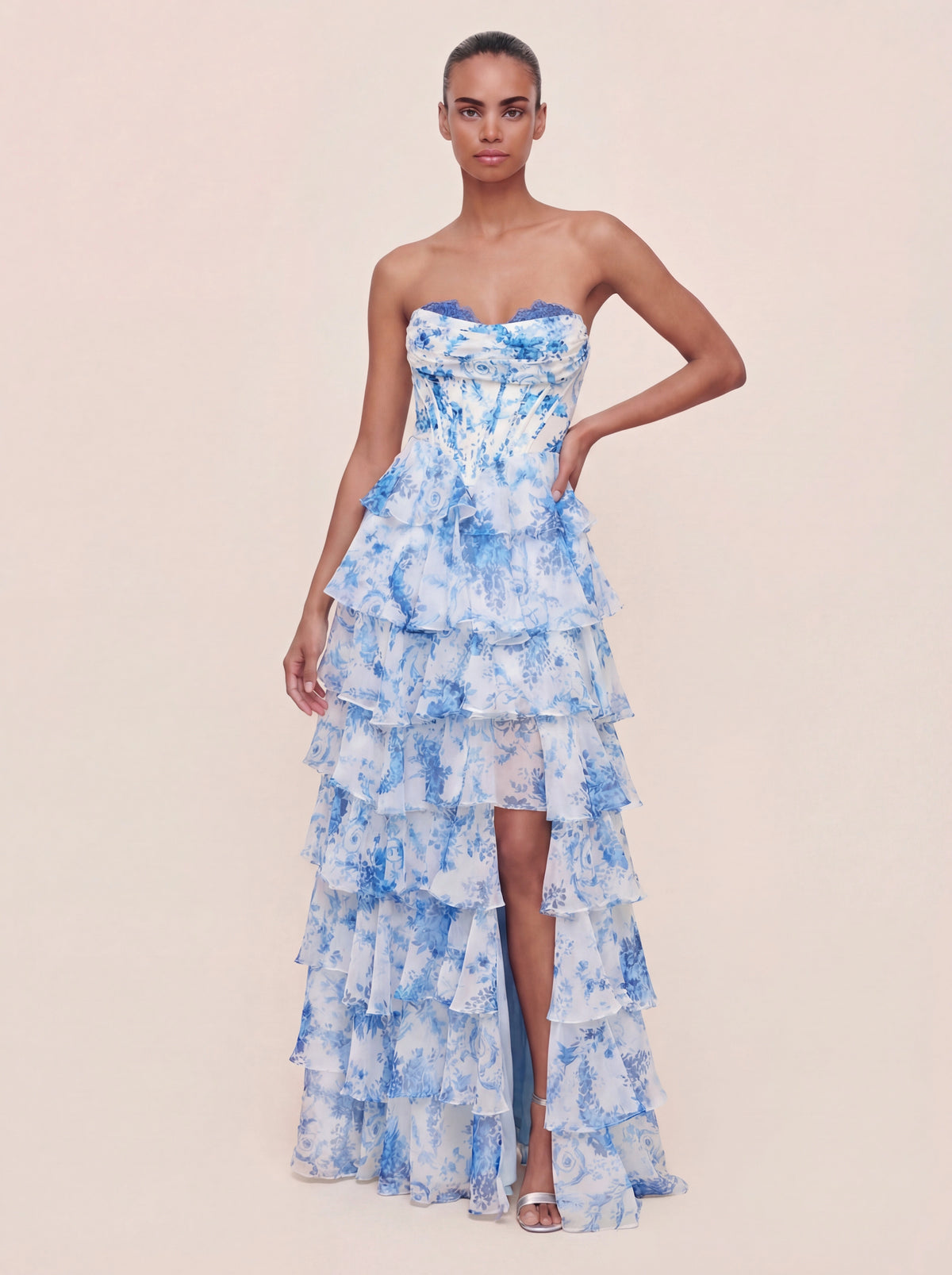 Floral A-line Printed Prom Dress with Tiered Ruffles