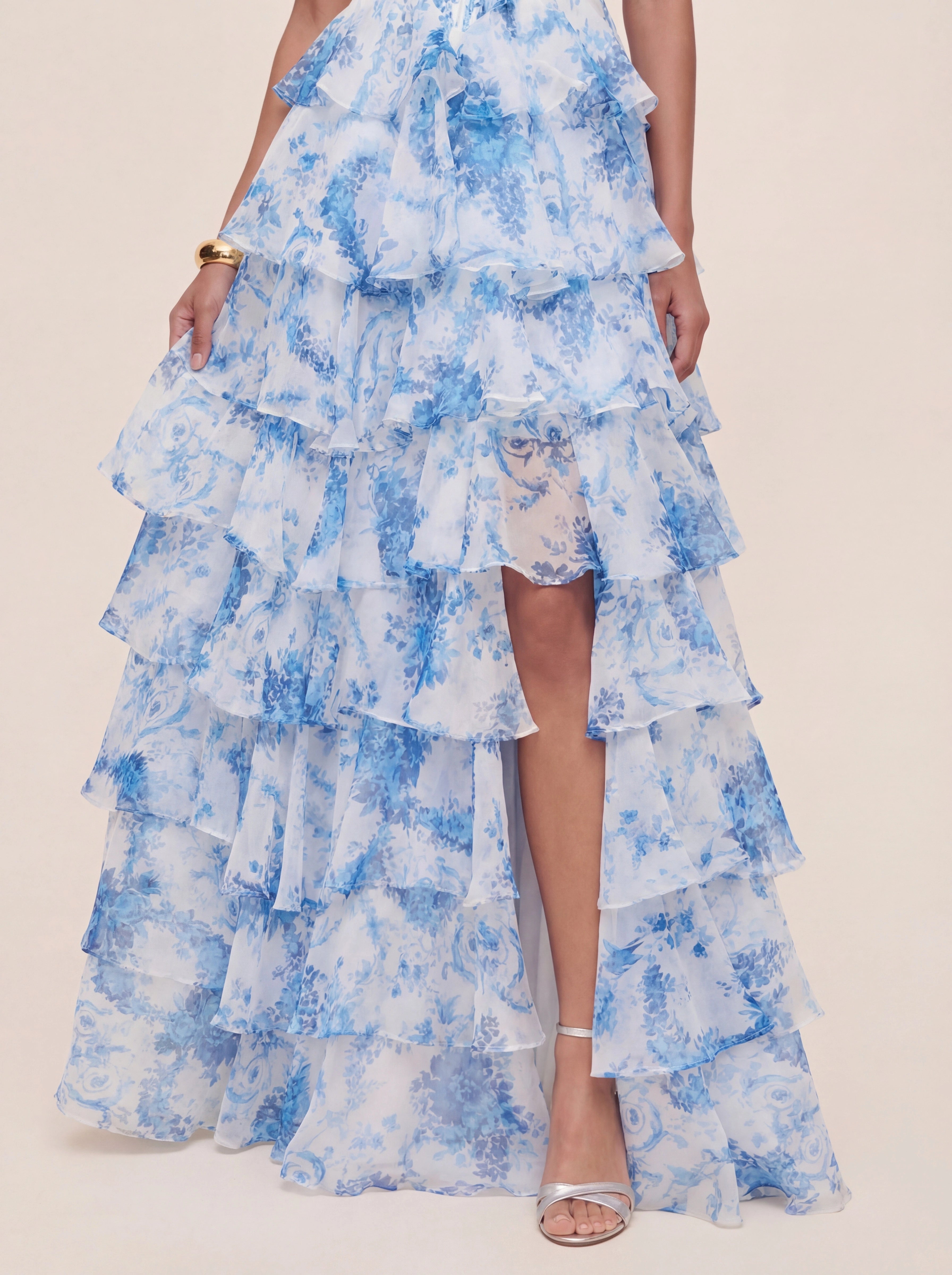 Floral A-line Printed Prom Dress with Tiered Ruffles