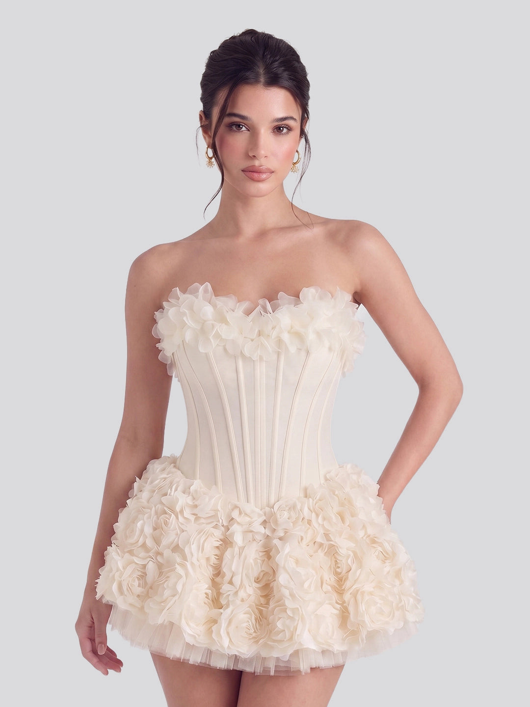 bandeau floral-appliqu corset mini dress in ivory Bandeau Floral-Appliqu Corset Mini Dress in Ivory