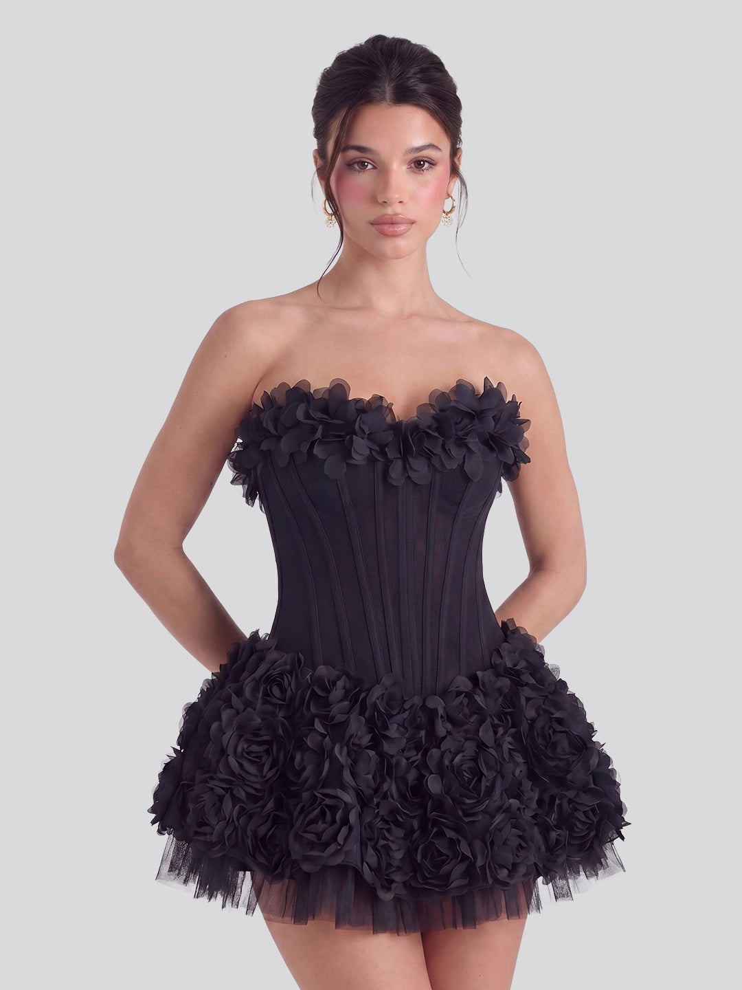 floral-appliqu corset mini dress in black MissJophiel Corset Beaded Floral Mini Dress with Short Puff Sleeves Black / Floor Length / US16