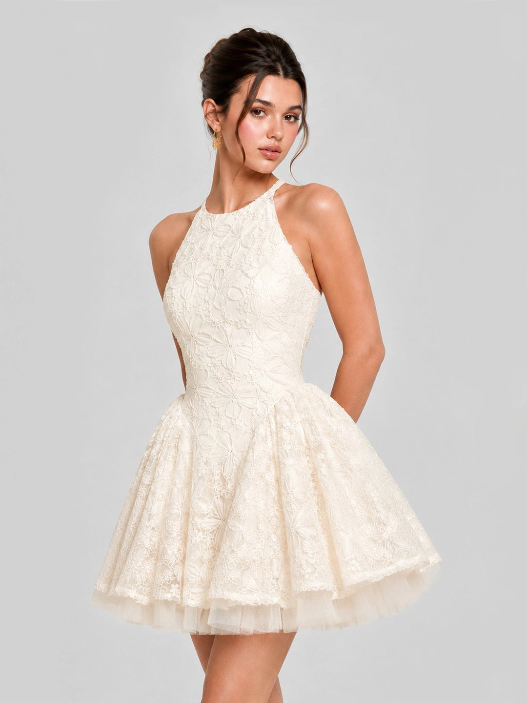 Floral Embroidered Halter Tulle Mini Dress