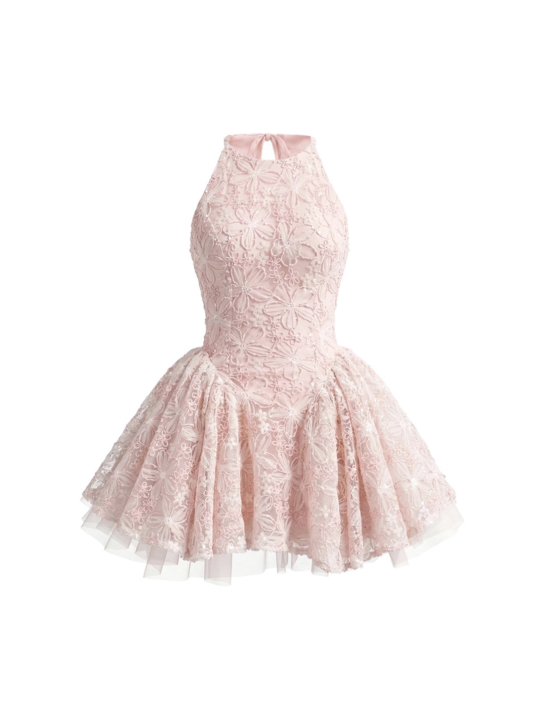 Floral Embroidered Halter Tulle Mini Dress
