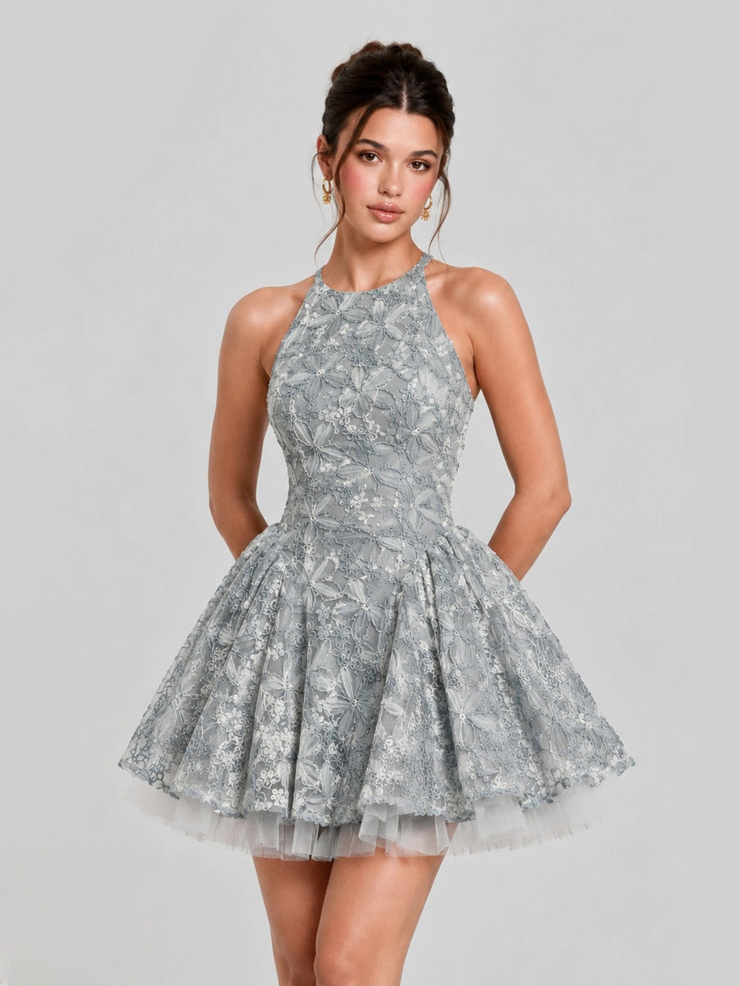 Floral Embroidered Halter Tulle Mini Dress