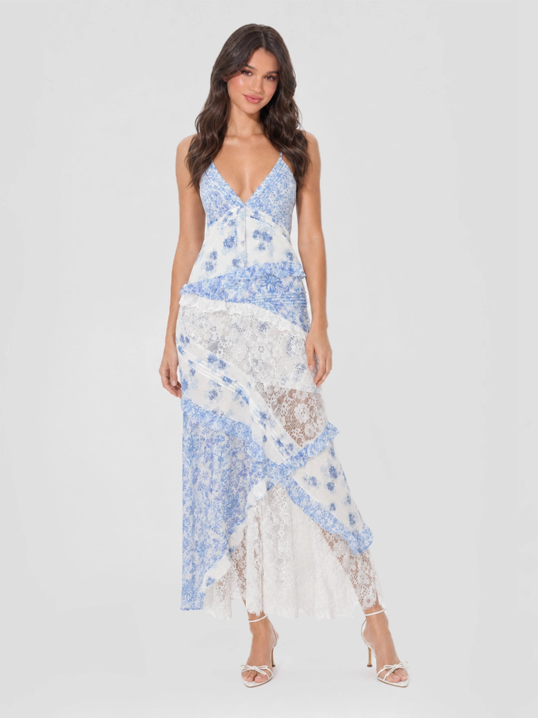 Floral Halter Maxi Dress with Lace Insert