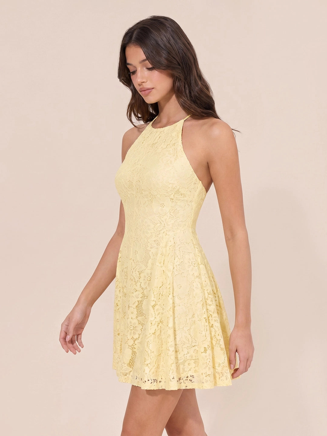 Floral Halter Neck Lace Mini Dress