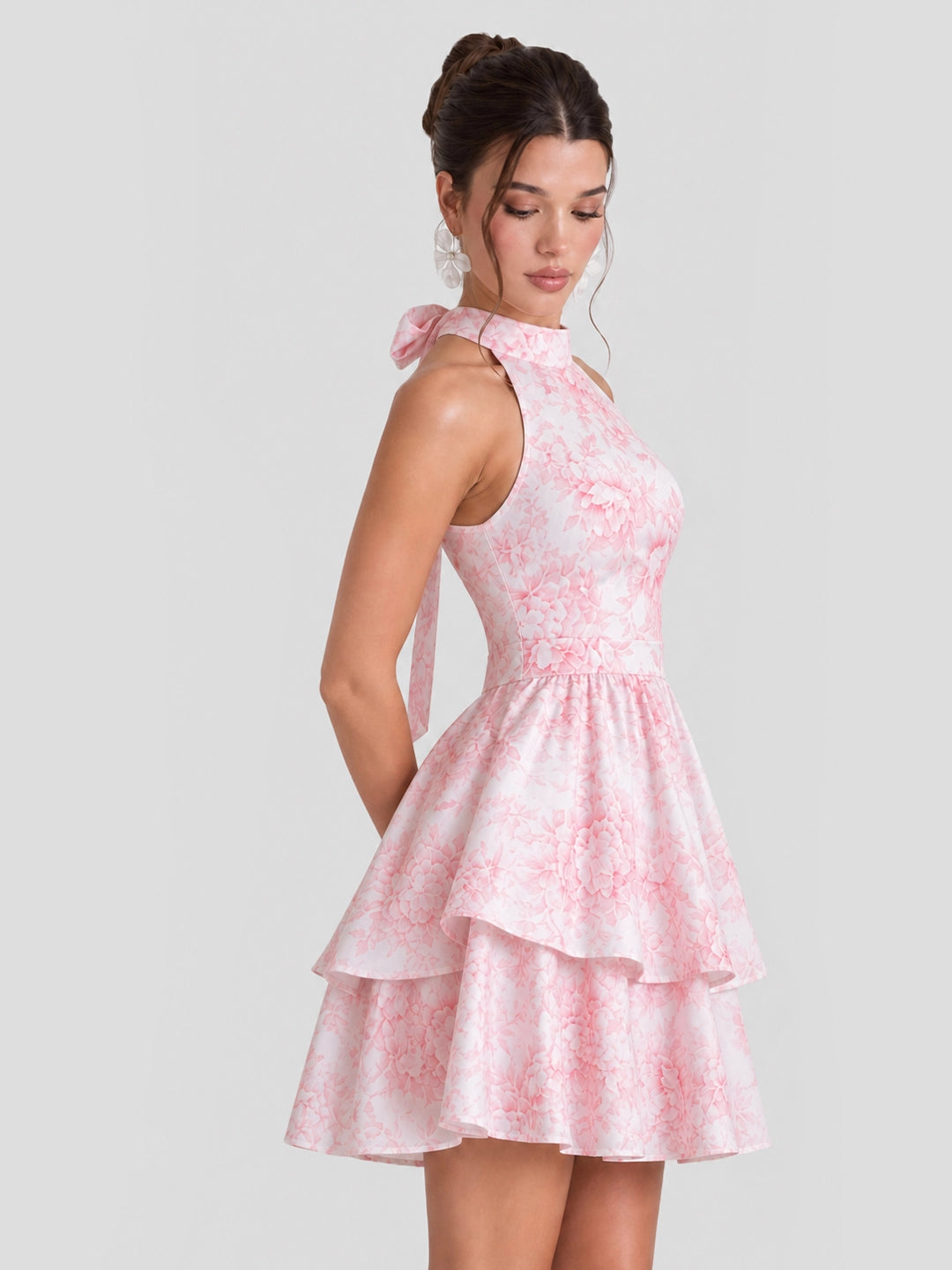 Floral Halterneck Back Bow Mini Dress