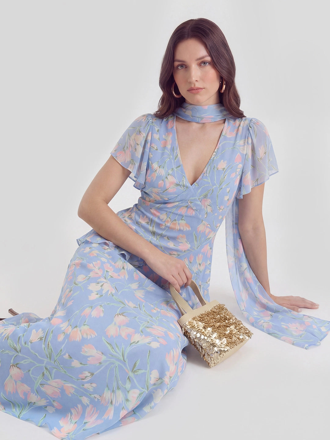 Floral Pearl Chiffon V-Neck Maxi Dress
