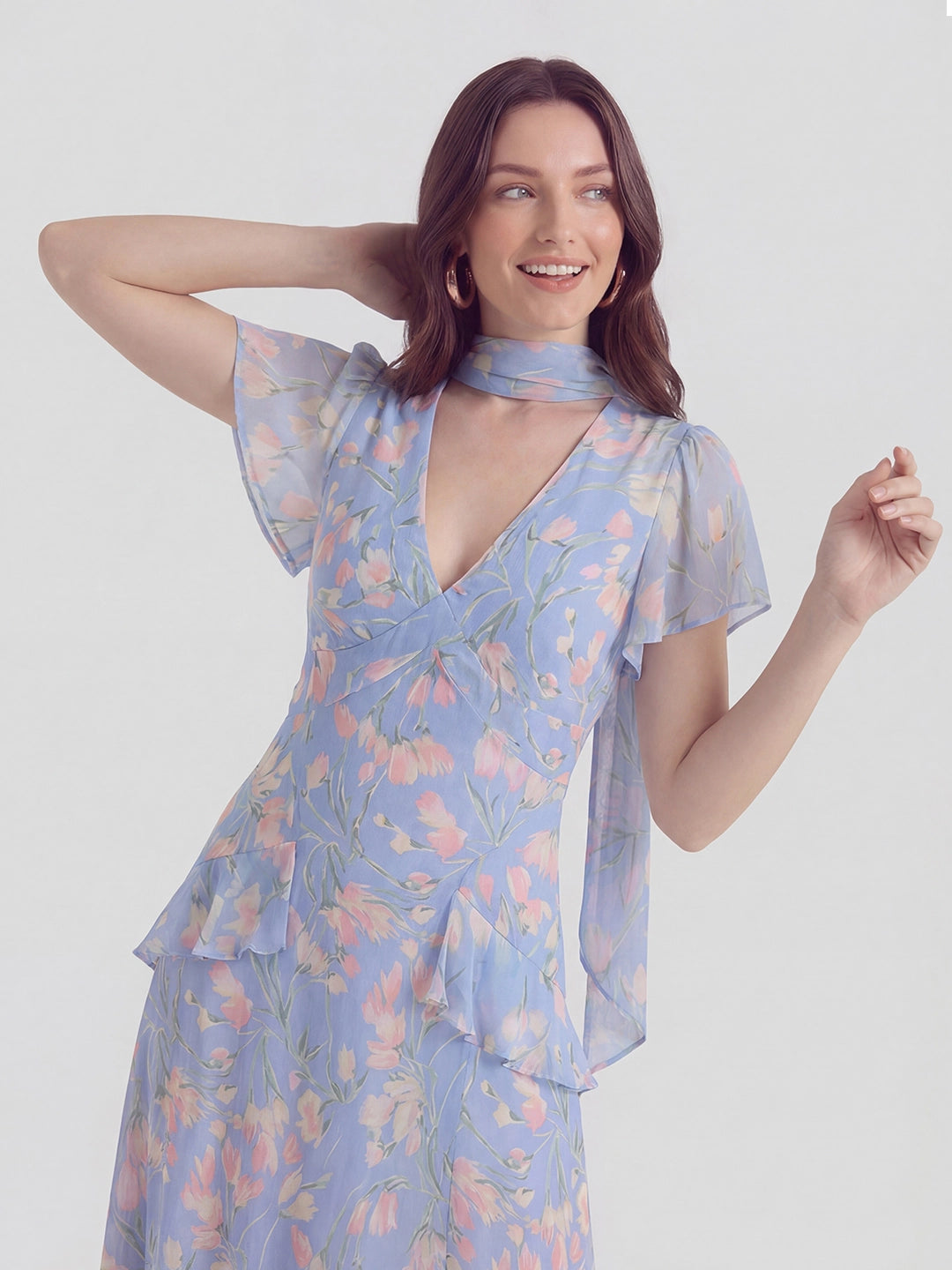 Floral Pearl Chiffon V-Neck Maxi Dress