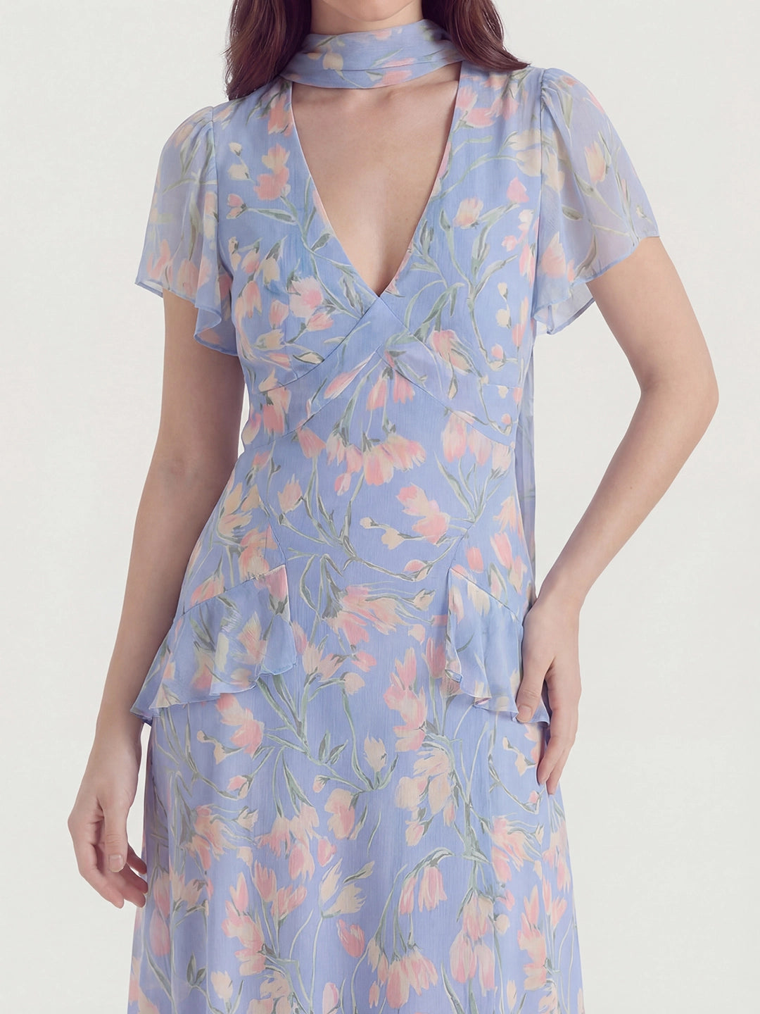 Floral Pearl Chiffon V-Neck Maxi Dress