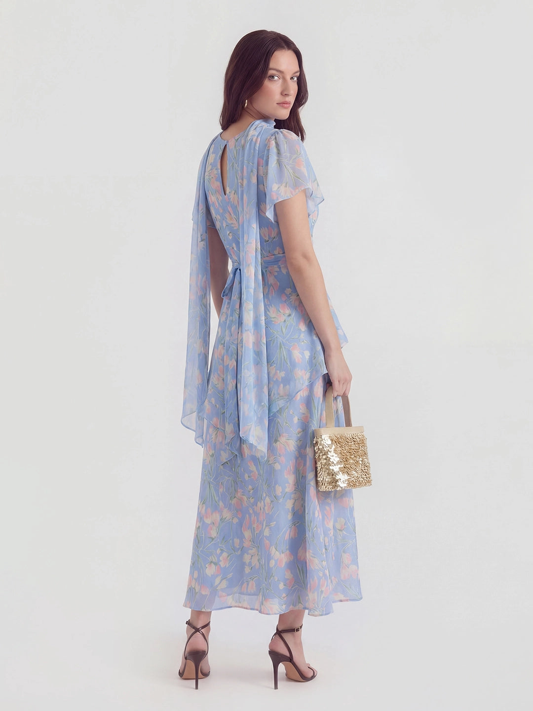 Floral Pearl Chiffon V-Neck Maxi Dress