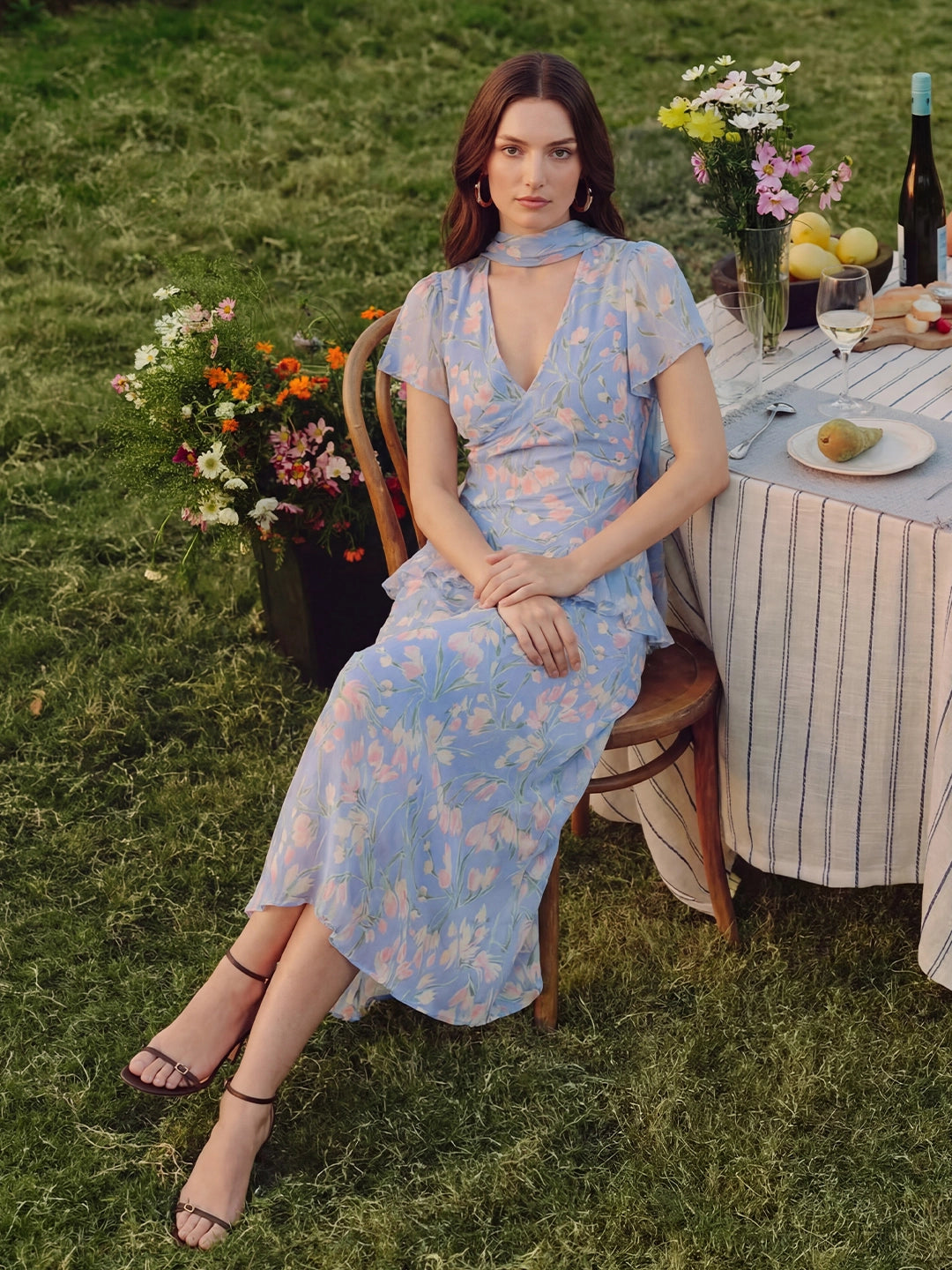Floral Pearl Chiffon V-Neck Maxi Dress