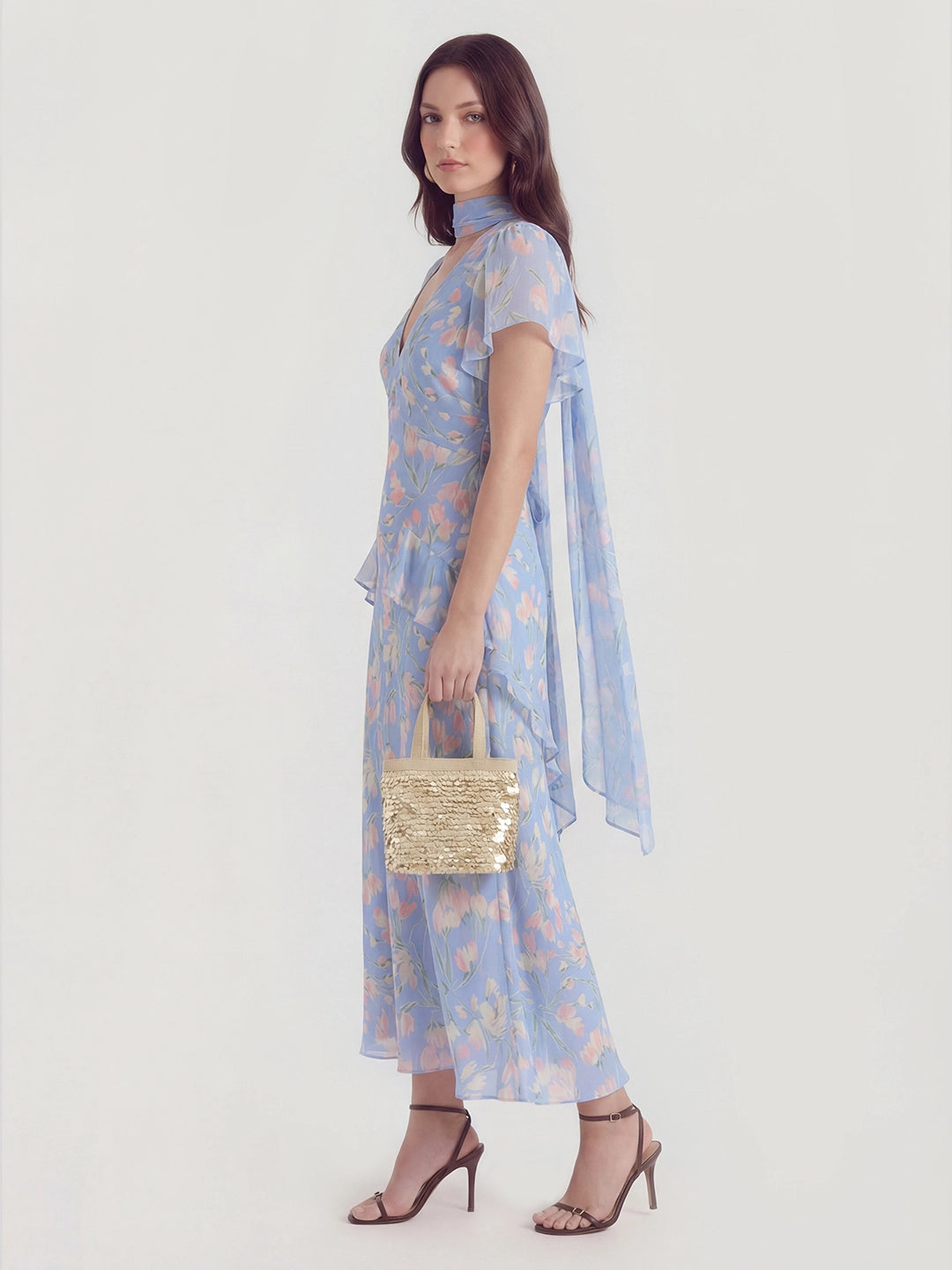 Floral Pearl Chiffon V-Neck Maxi Dress