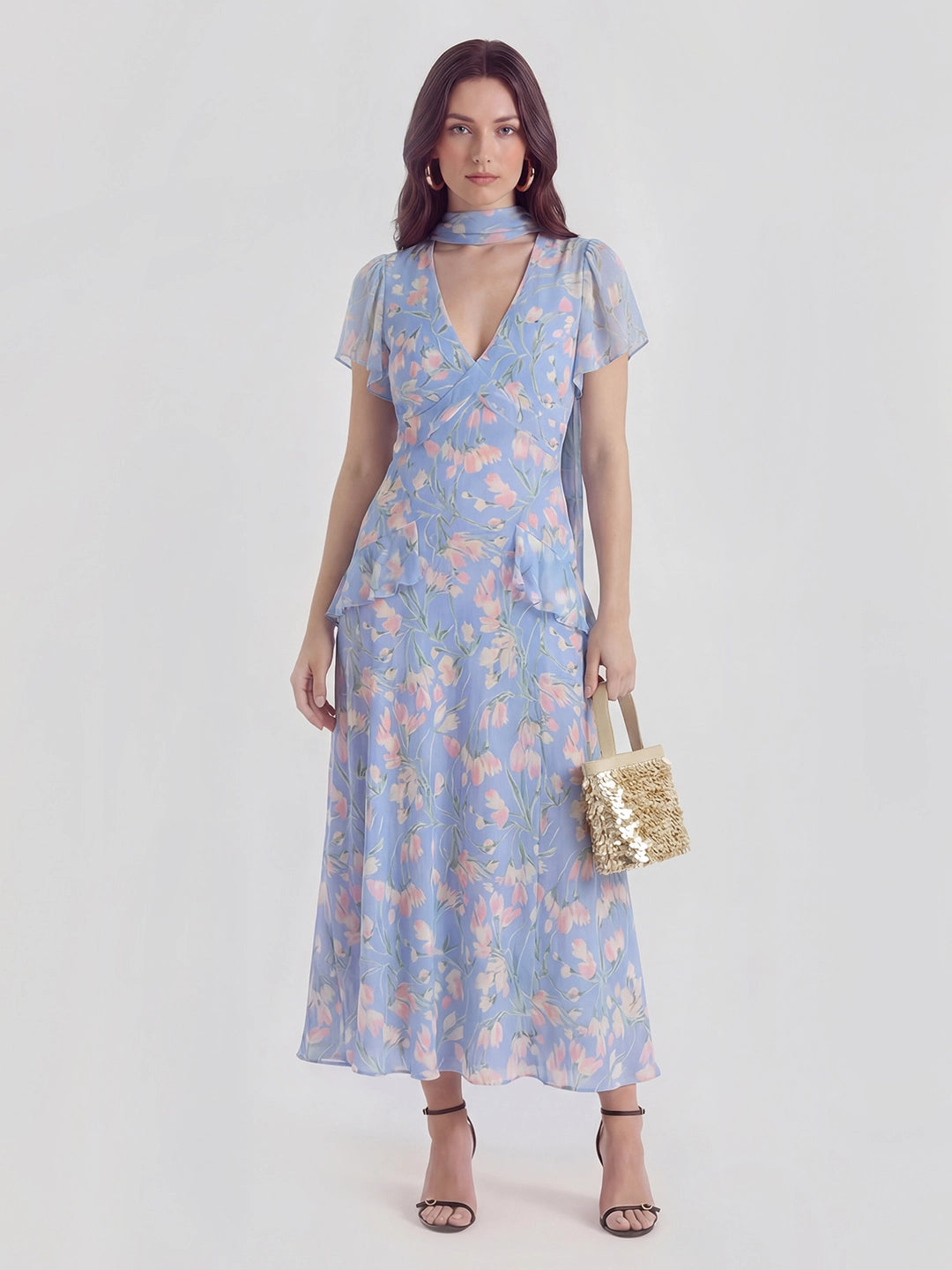 Floral Pearl Chiffon V-Neck Maxi Dress