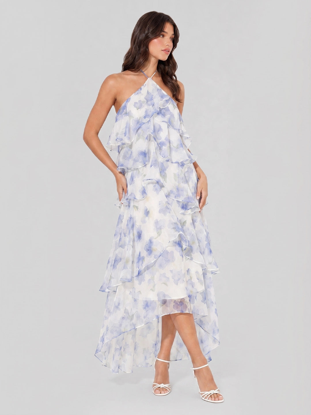 Floral Print Chiffon Maxi Dress with Tiered Ruffles