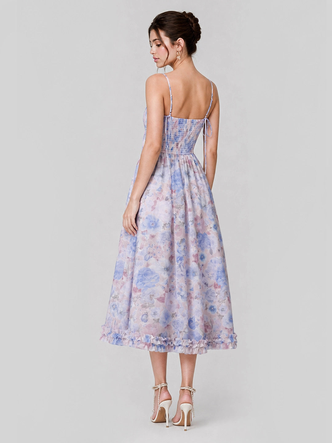 Lilac Floral Corset Midi with Tiered Ruffle Hem & Tie-Waist