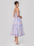 Lilac Floral Corset Midi with Tiered Ruffle Hem & Tie-Waist