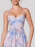 Lilac Floral Corset Midi with Tiered Ruffle Hem & Tie-Waist