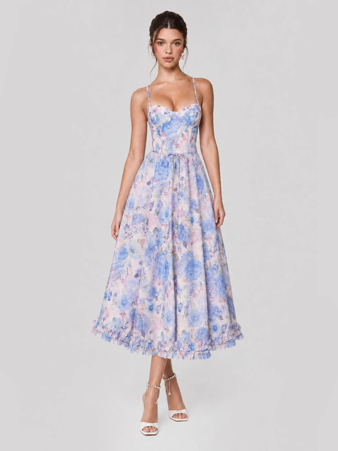 Lilac Floral Corset Midi with Tiered Ruffle Hem & Tie-Waist