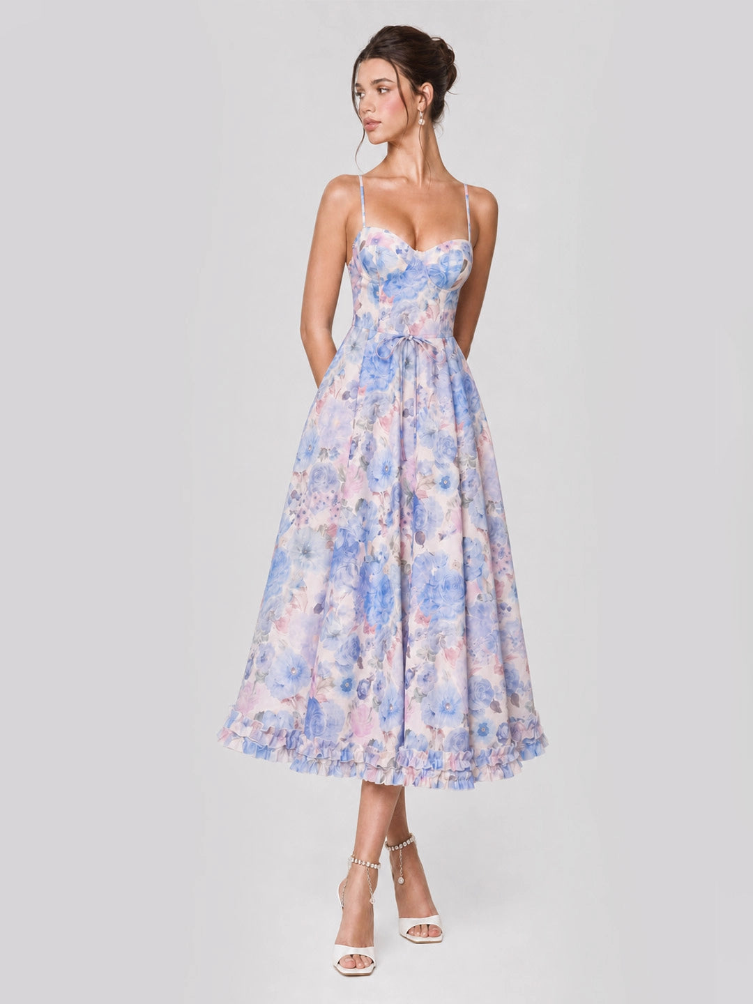 Lilac Floral Corset Midi with Tiered Ruffle Hem & Tie-Waist