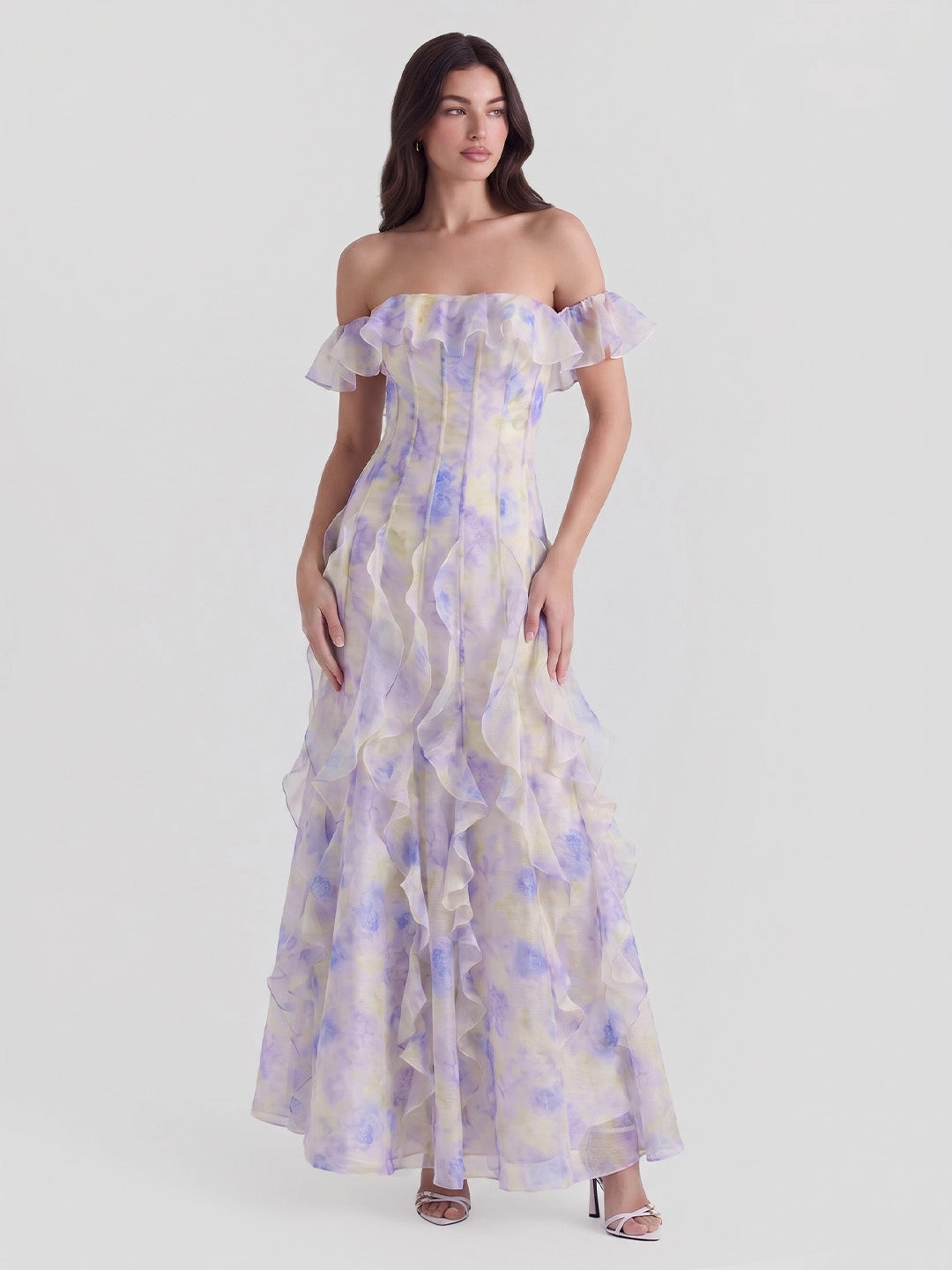 Floral Print Off-Shoulder Maxi Dress with Ruffle Detail