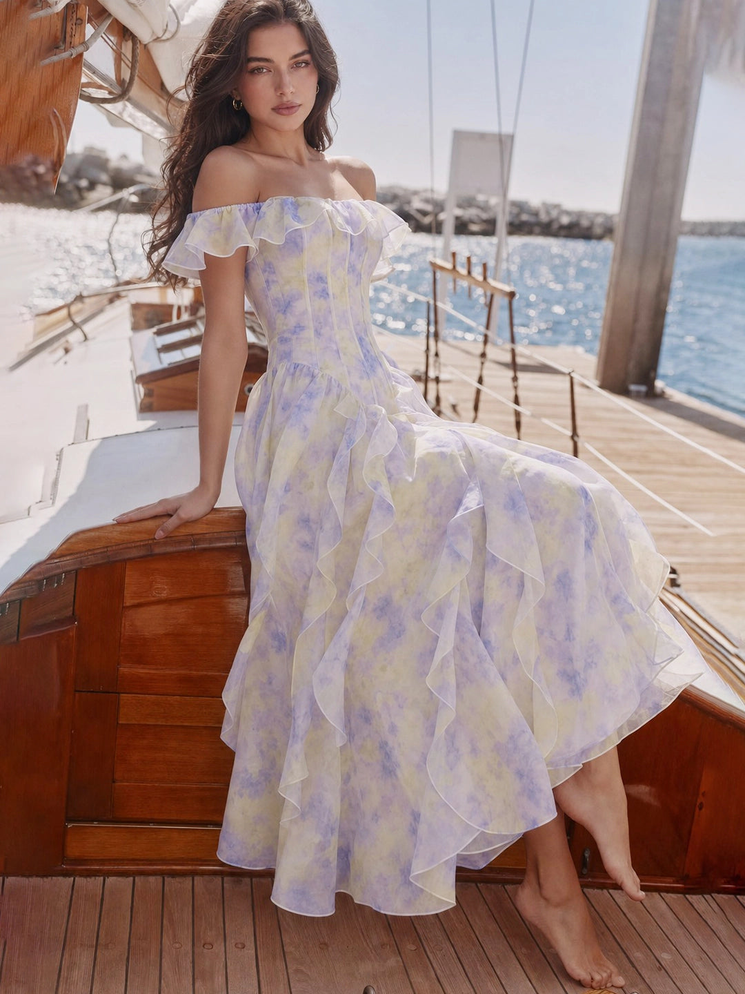 Floral Print Off-Shoulder Maxi Dress with Ruffle Detail