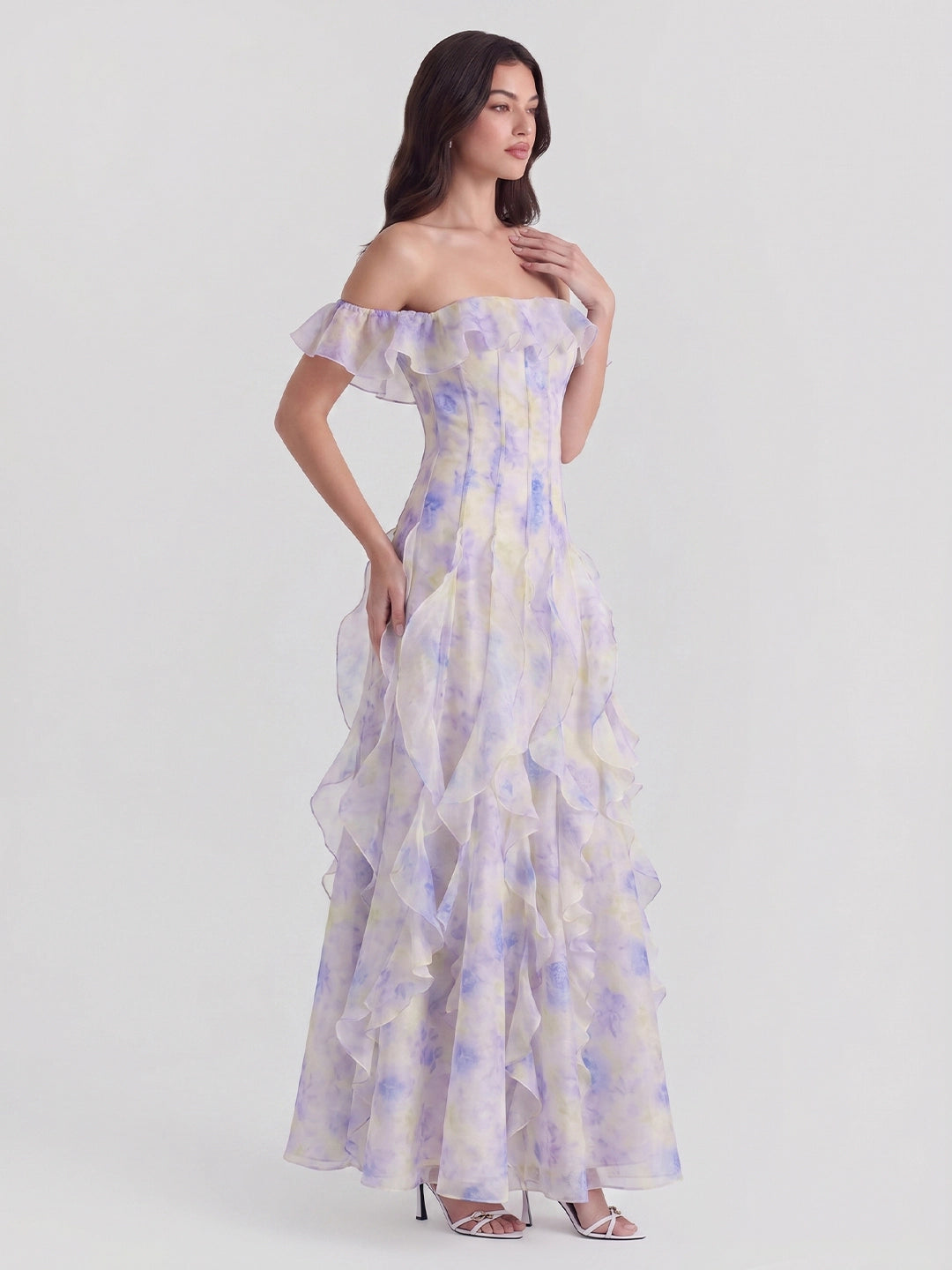 Floral Print Off-Shoulder Maxi Dress with Ruffle Detail