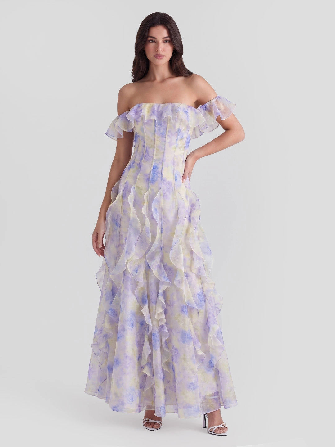 Floral Print Off-Shoulder Maxi Dress with Ruffle Detail