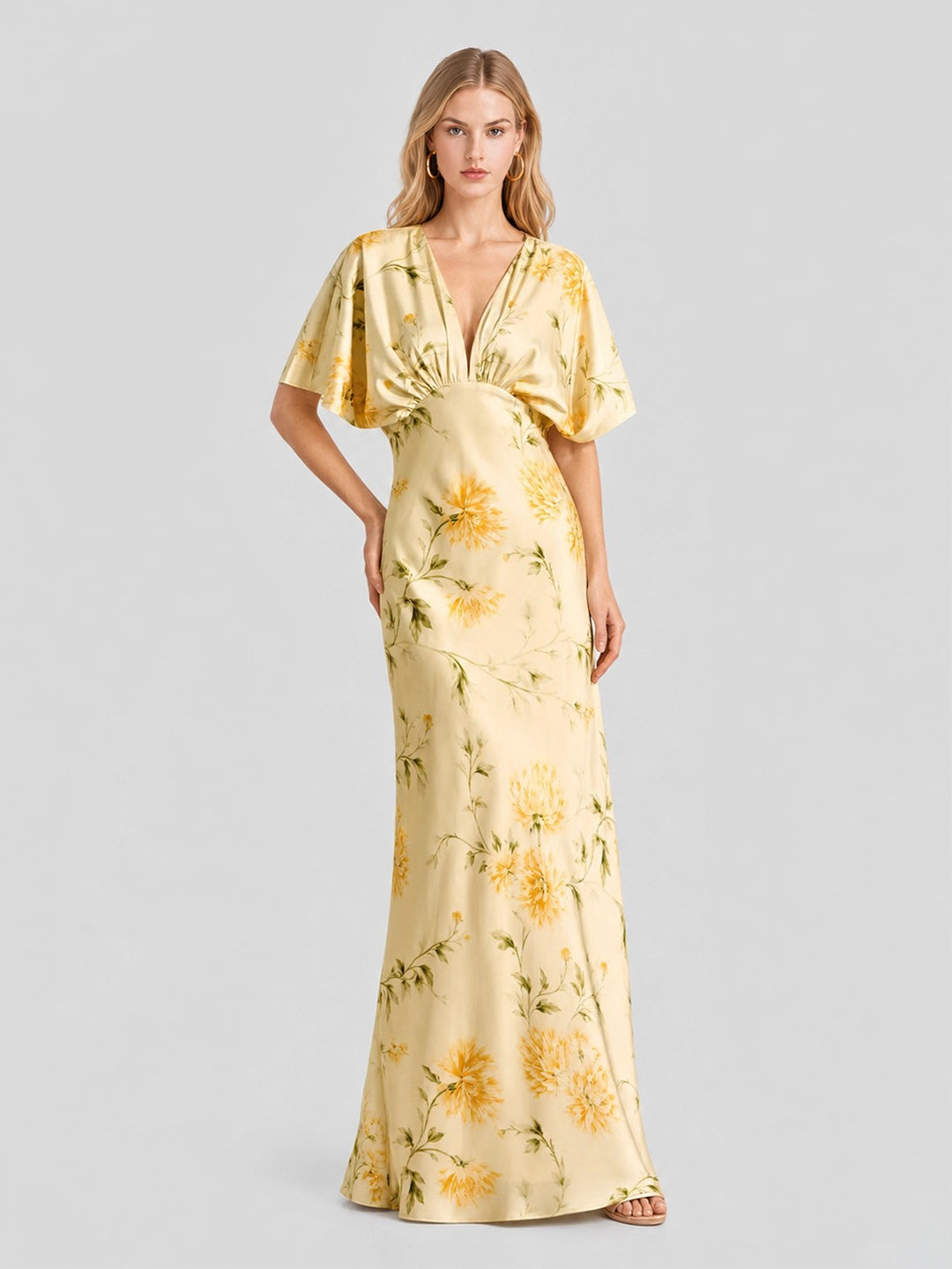 Floral Print Satin Plunge-Neck Maxi Dress
