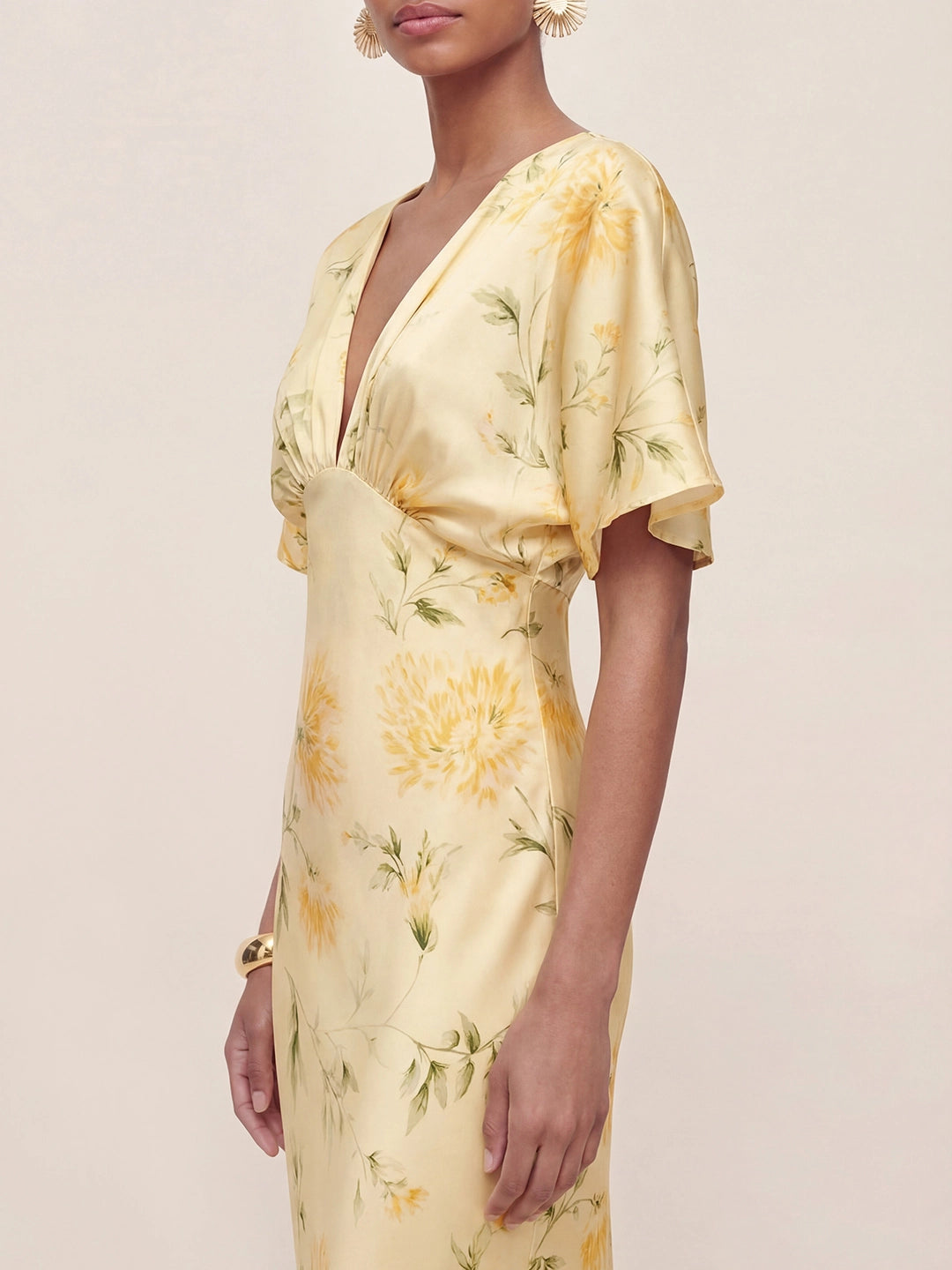 Floral Print Satin Plunge-Neck Maxi Dress