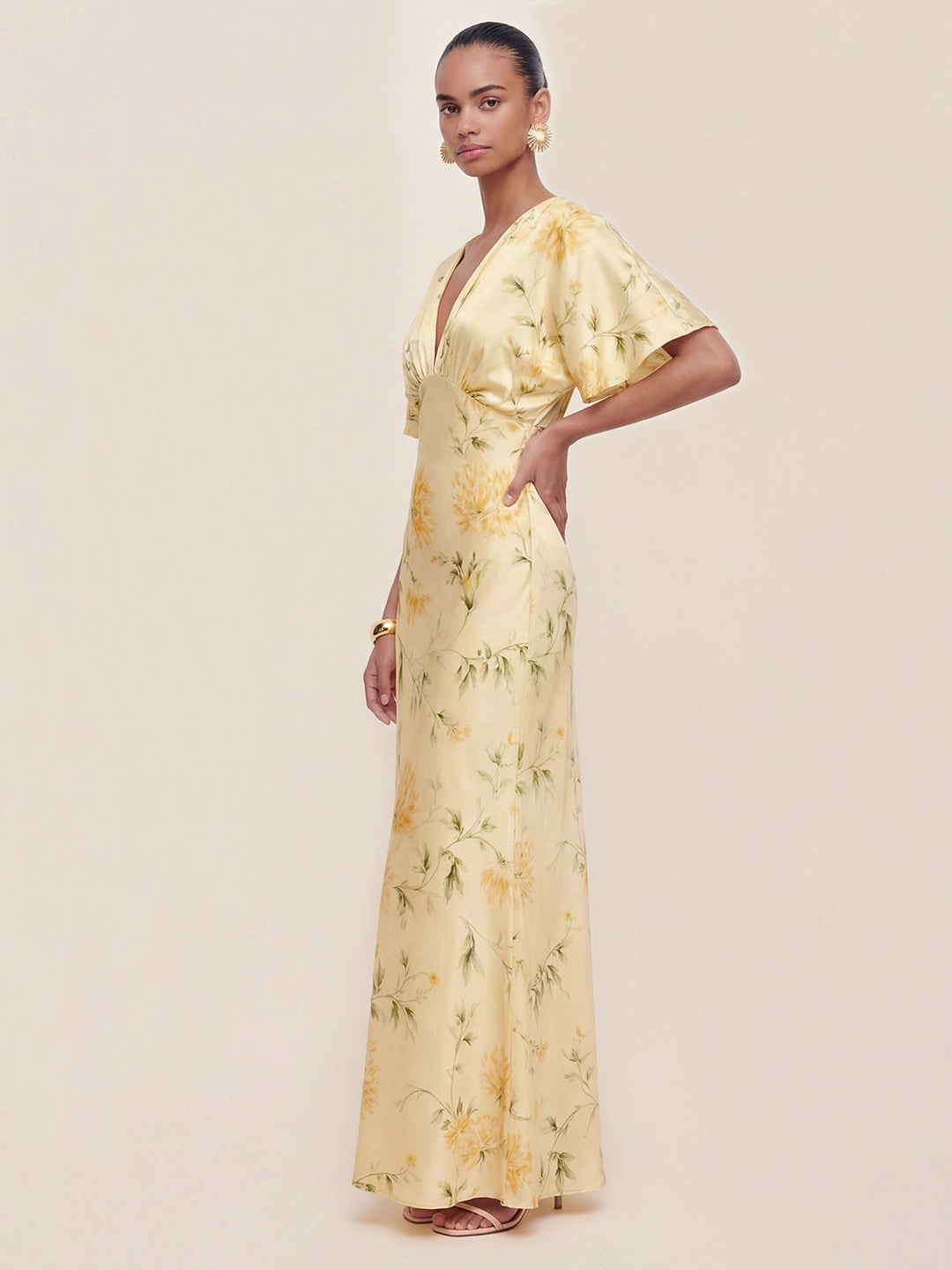 Floral Print Satin Plunge-Neck Maxi Dress