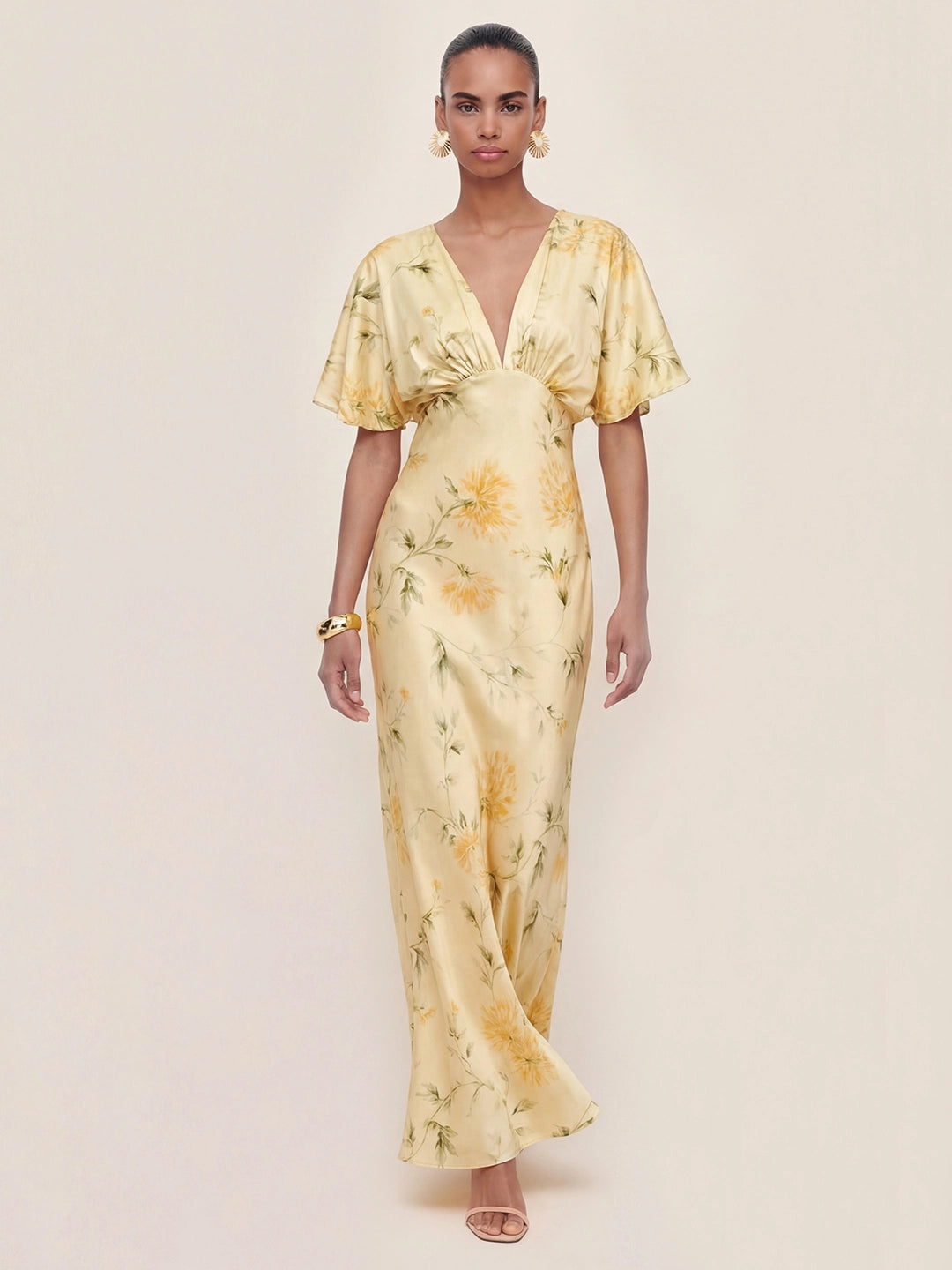 Floral Print Satin Plunge-Neck Maxi Dress