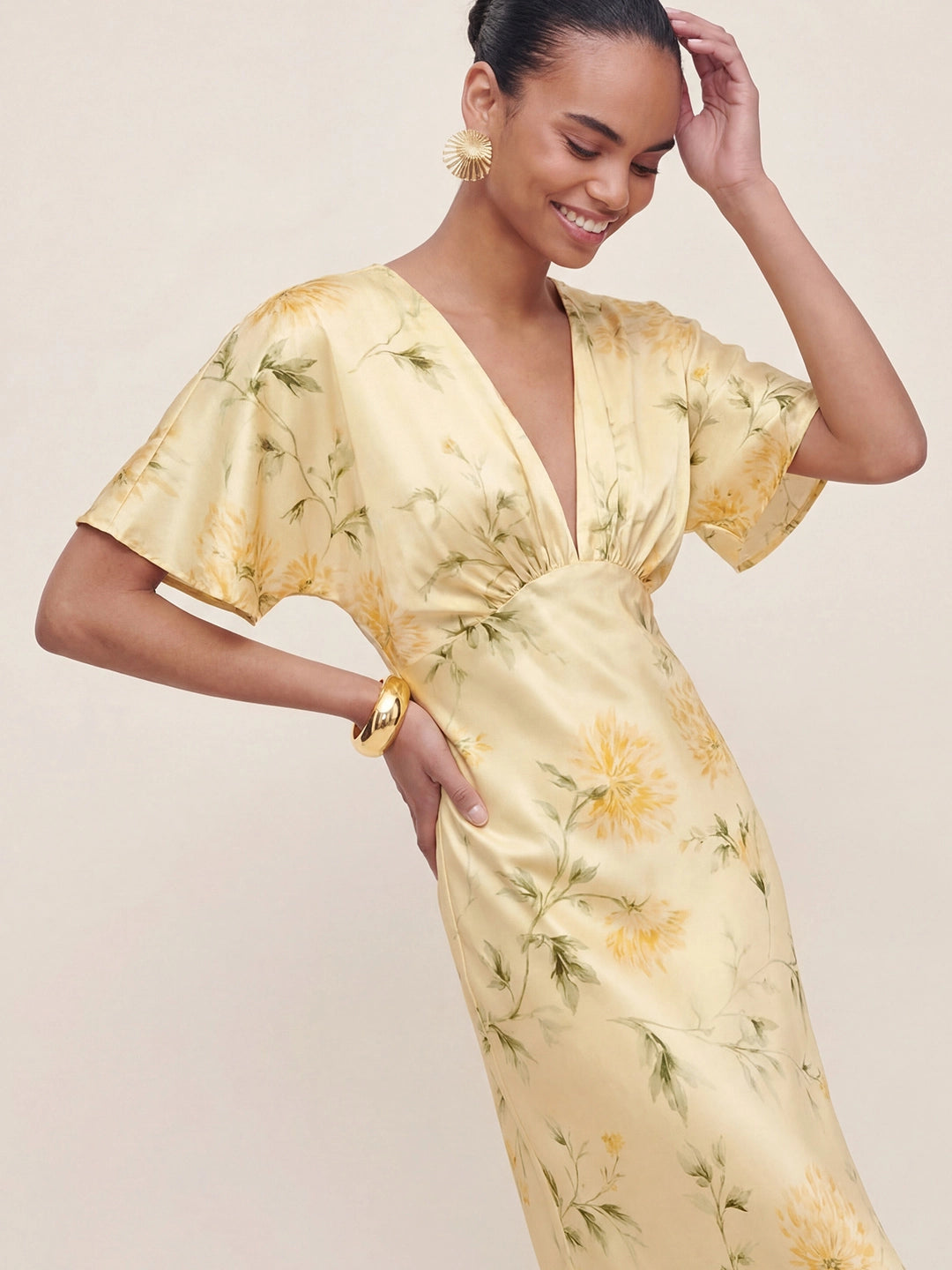Floral Print Satin Plunge-Neck Maxi Dress