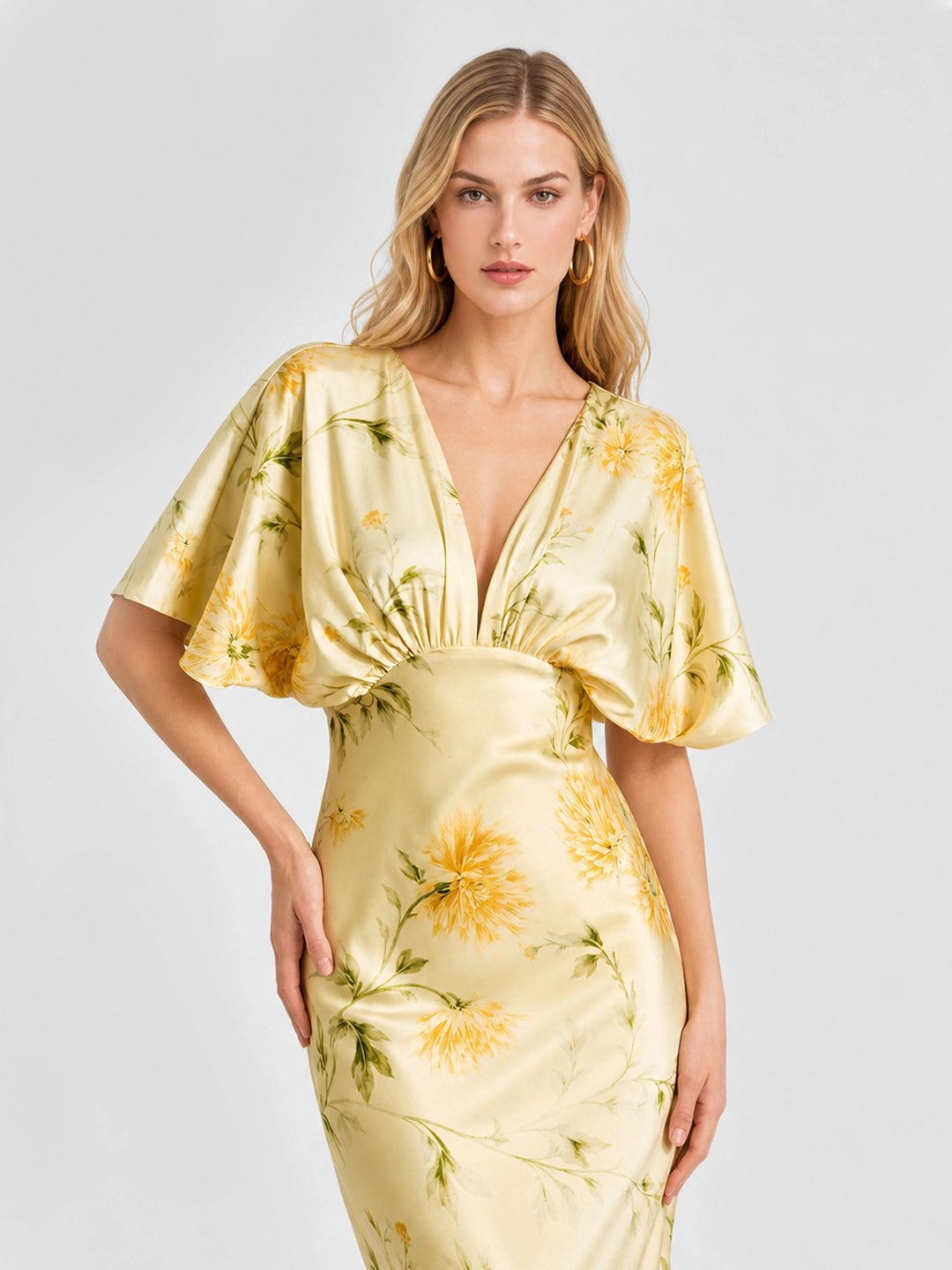 Floral Print Satin Plunge-Neck Maxi Dress
