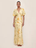 Floral Print Satin Plunge-Neck Maxi Dress