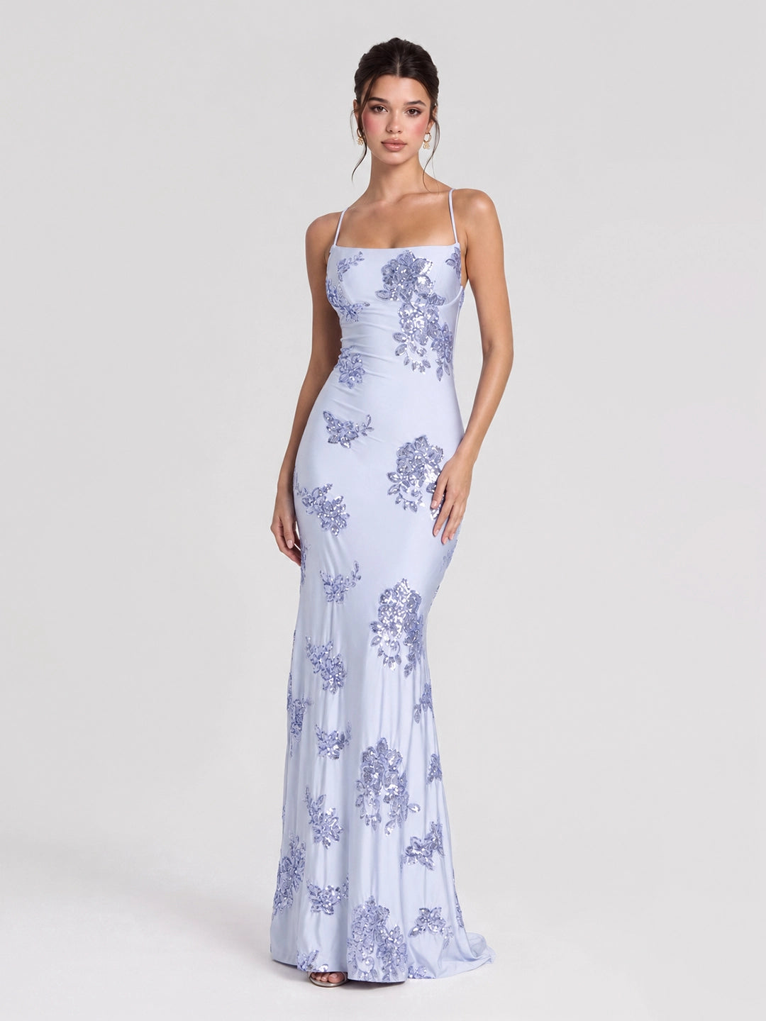 Floral Sequin Lace-Up Maxi Dress
