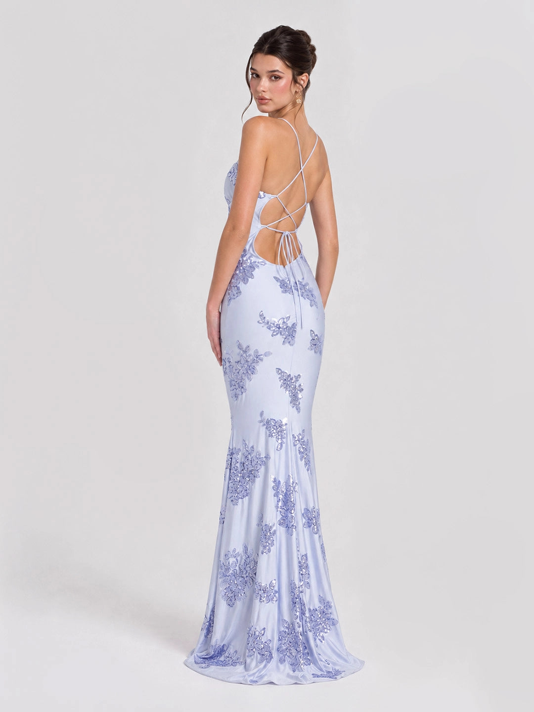 Floral Sequin Lace-Up Maxi Dress