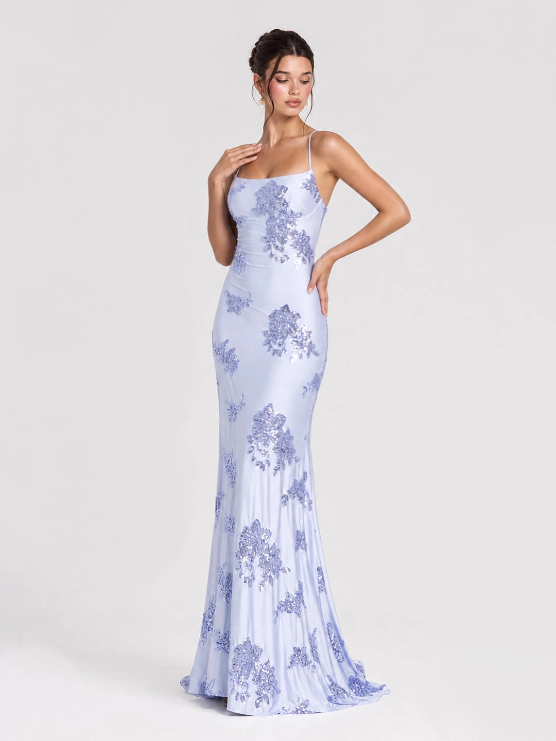 Floral Sequin Lace-Up Maxi Dress