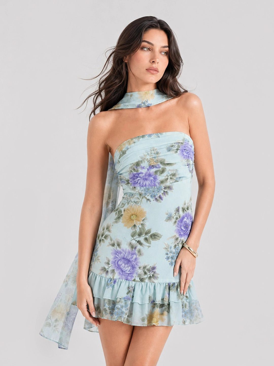 Floral Strapless Scarf Detail Mini Dress