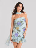 Floral Strapless Scarf Detail Mini Dress
