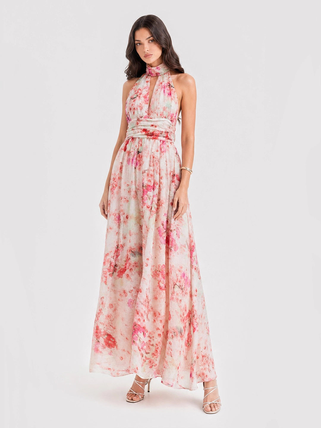 Floral Tie-Detail Halterneck Maxi Dress