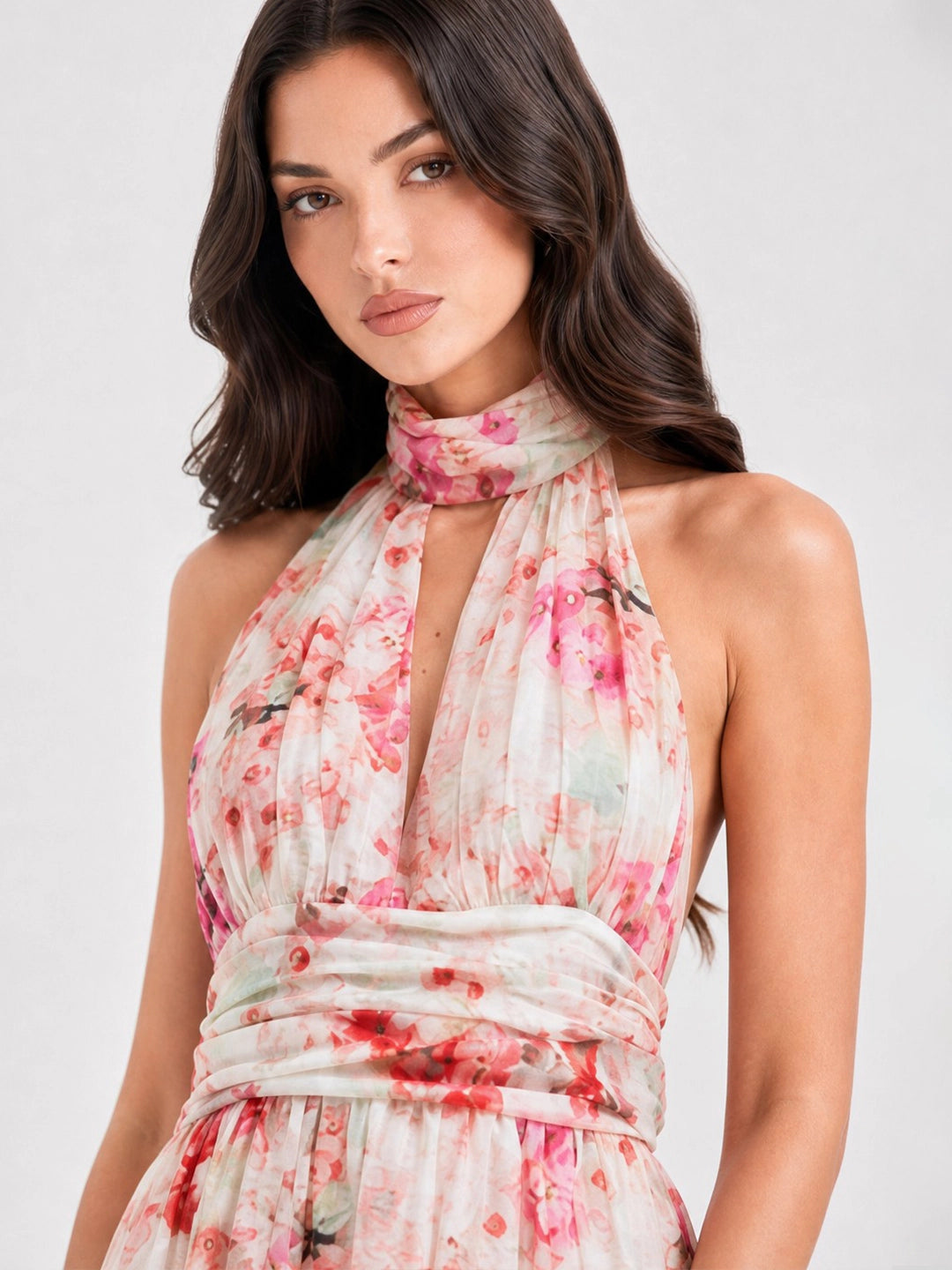 Floral Tie-Detail Halterneck Maxi Dress
