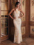 Flower Halter Embroidery Maxi Dress