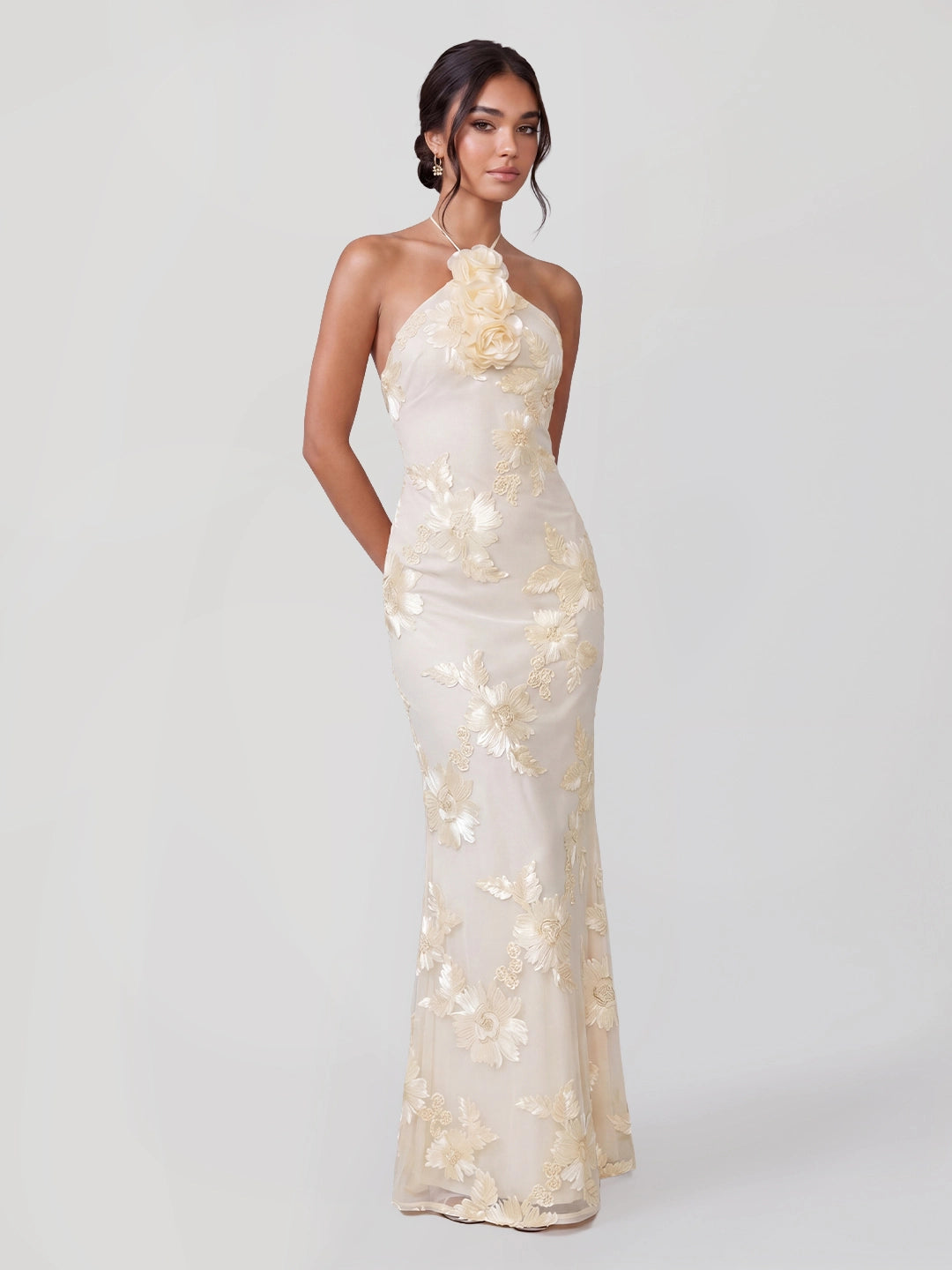 Flower Halter Embroidery Maxi Dress