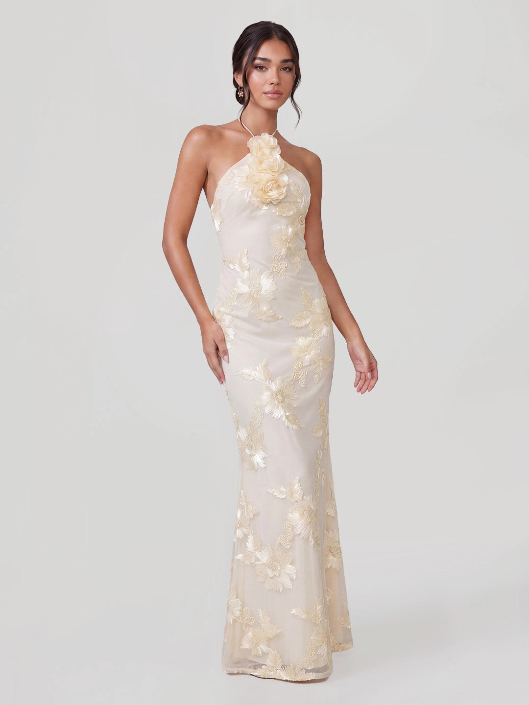 Flower Halter Embroidery Maxi Dress