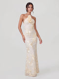 Flower Halter Embroidery Maxi Dress