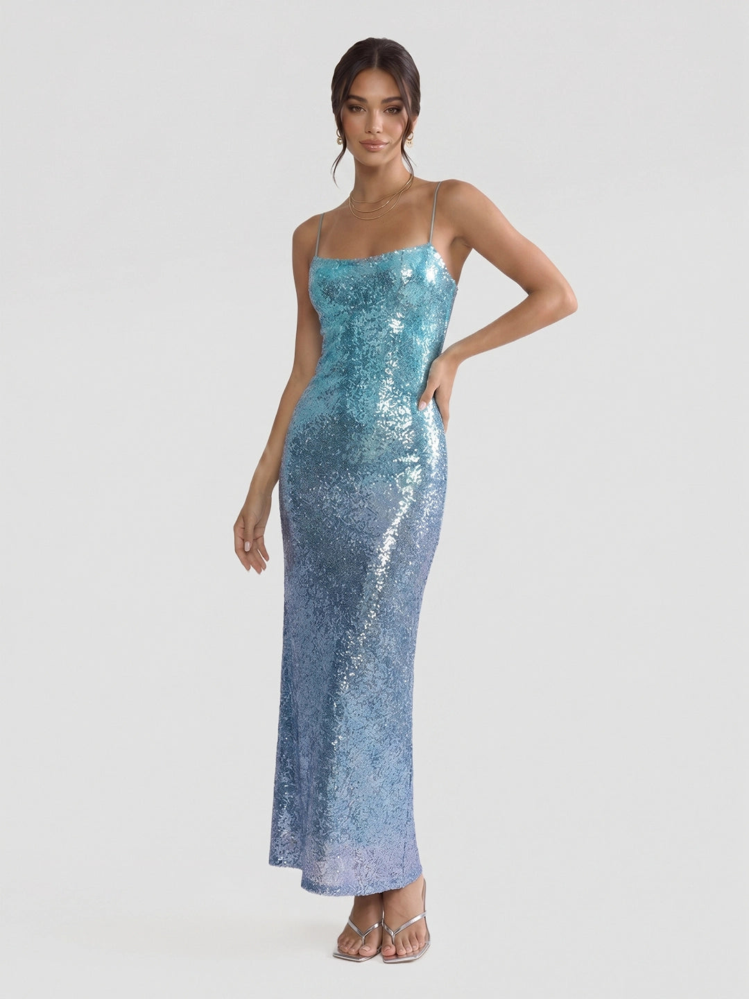 Gradient Ocean-Hued Sequin Maxi Dress