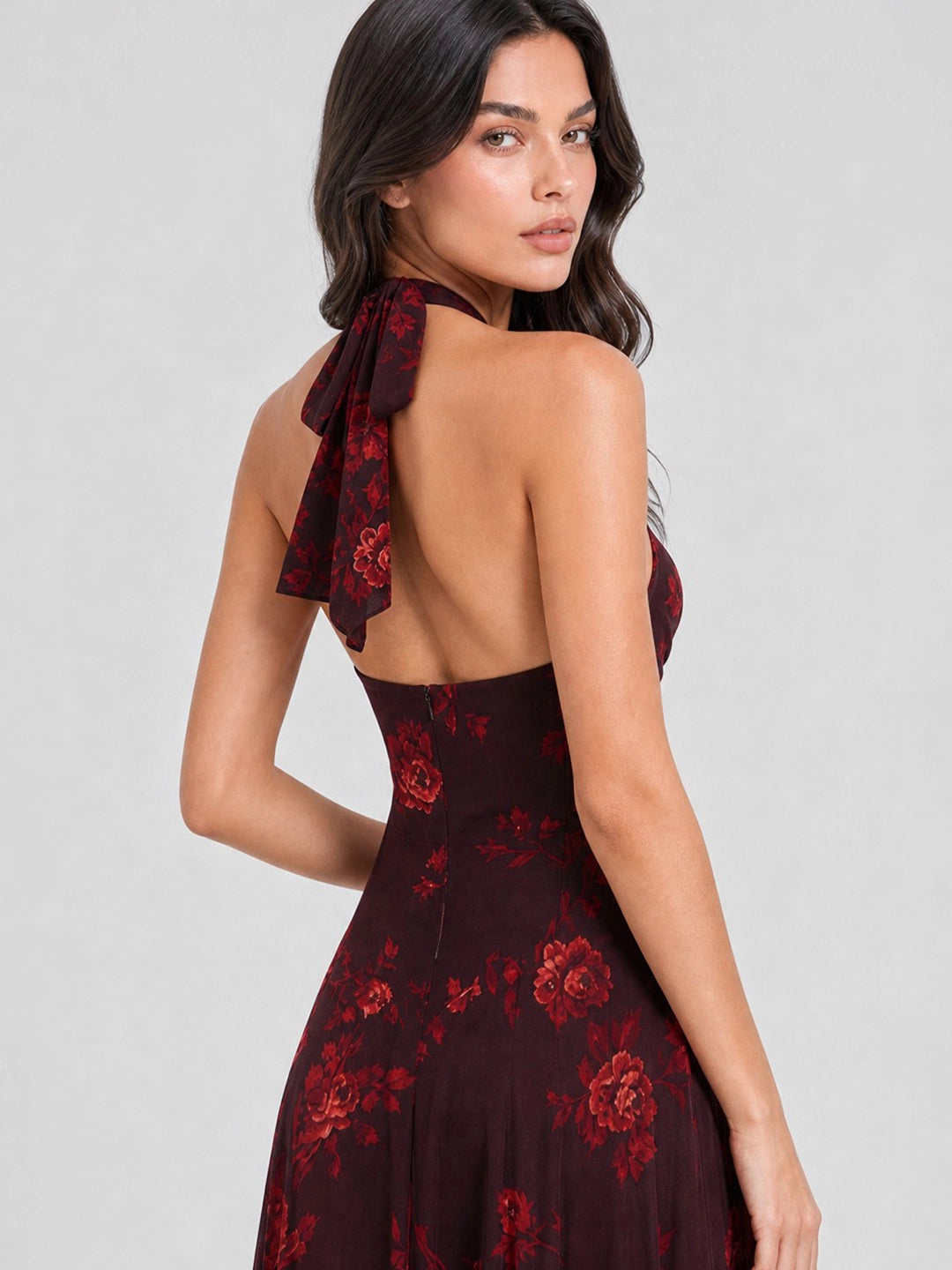Halter V-neck Drop Waist Georgette Midi Dress